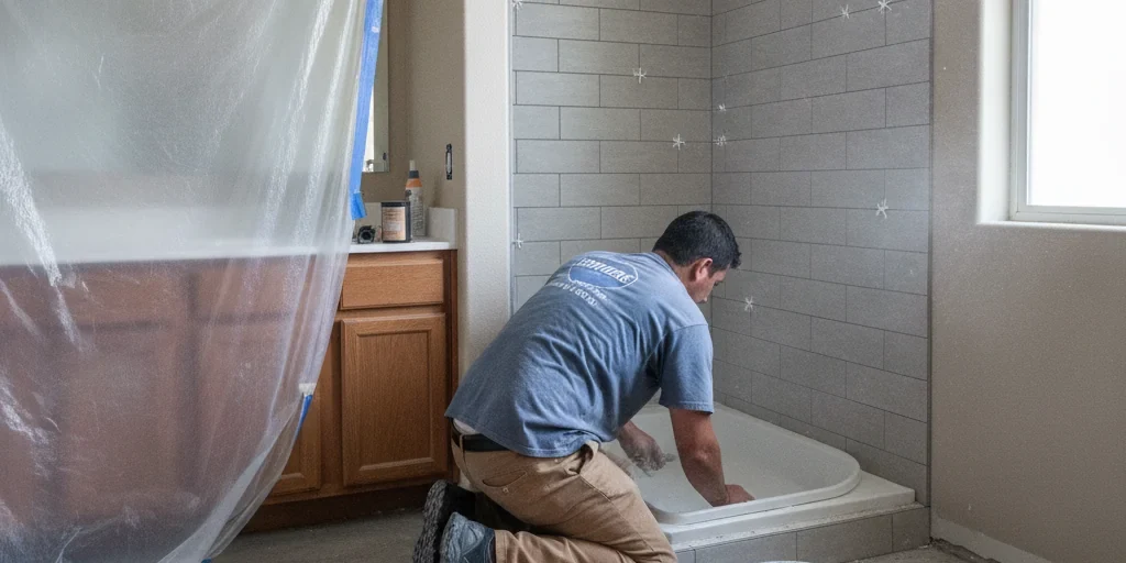 Tub-to-shower conversion in progress in a San Jose bathroom by Bathroom Remodel San Jose